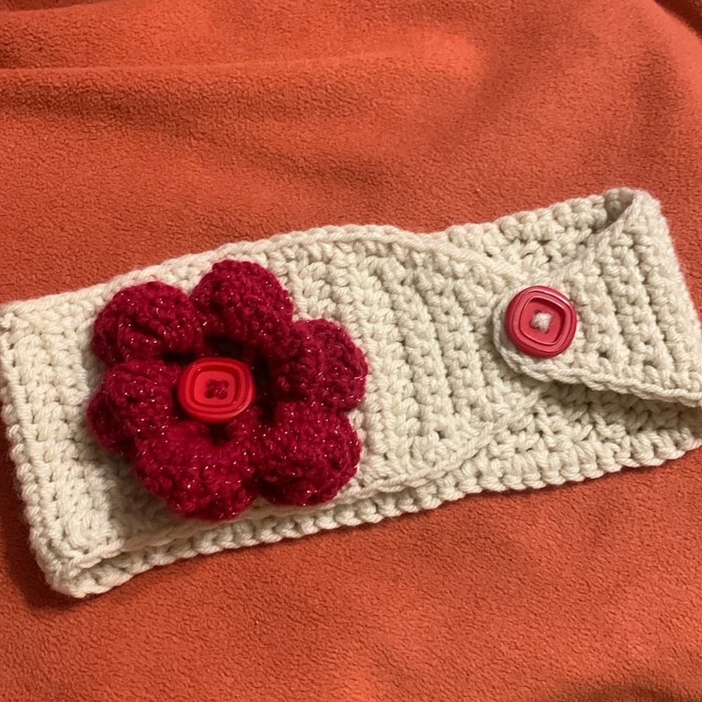 Crochet Headband w/ red flower